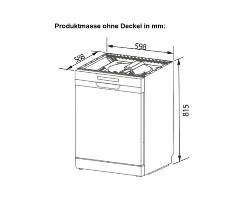 Schéma technique d'un lave-vaisselle avec dimensions (hauteur 815 mm, largeur 598 mm, profondeur 588 mm)