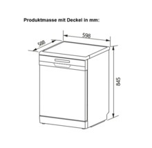 Dessin coté d'un lave-vaisselle avec les dimensions : 598 millimètres de largeur, 588 millimètres de profondeur et 845 millimètres de hauteur.