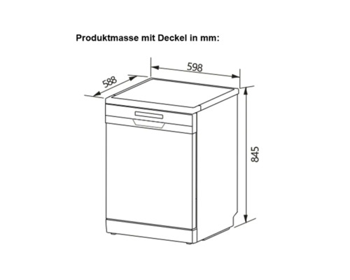 Dessin coté d'un lave-vaisselle avec les dimensions : 598 millimètres de largeur, 588 millimètres de profondeur et 845 millimètres de hauteur.