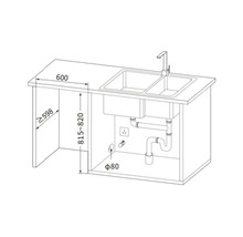 Dessin d'un évier avec robinetterie et dimensions.