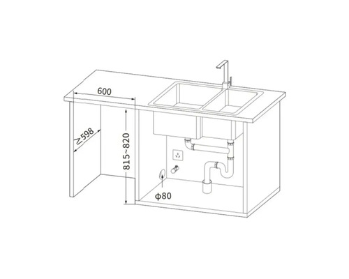 Dessin d'un évier avec robinetterie et dimensions.