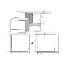 Technische Zeichnung eines Geschirrspülers mit Massangaben für den Einbau