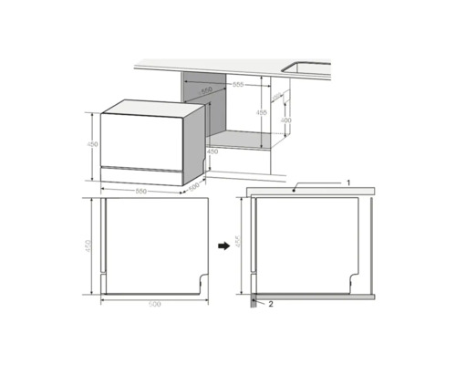 Technische Zeichnung eines Geschirrspülers mit Massangaben für den Einbau