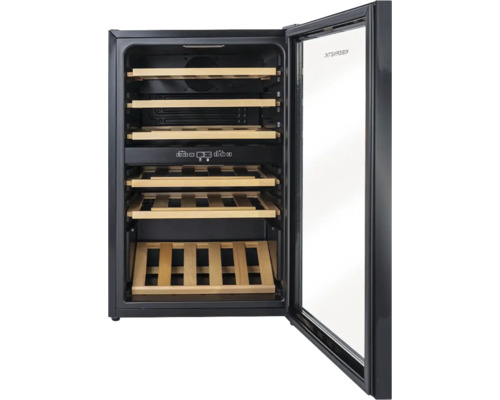 Cave à vin avec étagères en bois et porte en verre