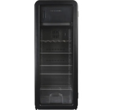 Réfrigérateur à boissons avec étagères et un récipient transparent.