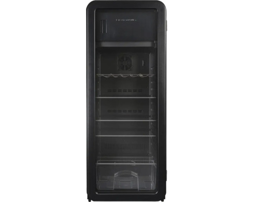 Réfrigérateur à boissons avec étagères et un récipient transparent.