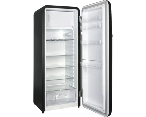 Réfrigérateur autonome avec porte ouverte, intérieur avec étagères et tiroirs