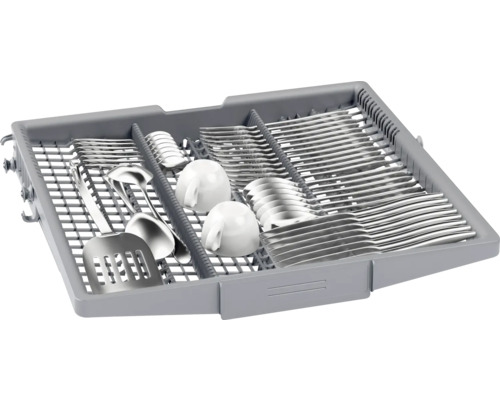 Panier à couverts pour lave-vaisselle rempli de couverts et de tasses