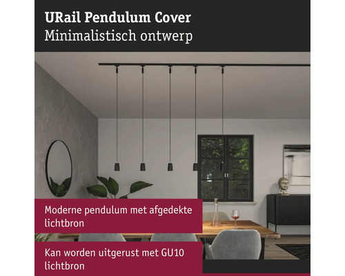 Luminaire suspendu URail avec cinq lampes au-dessus d'une table à manger dans une pièce lumineuse.