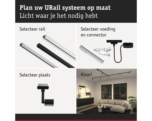 U-Rail System Konfigurator mit Schienen, Stromversorgung, Verbindern und Montagemöglichkeiten