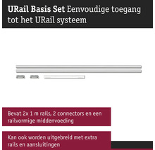 URail Basisset mit zwei 1 Meter Schienen, zwei Verbindungsstücken und einer Schienen-Mitteneinspeisung.