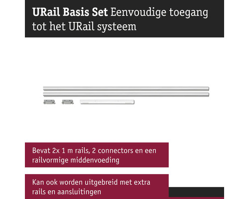 URail Basisset mit zwei 1 Meter Schienen, zwei Verbindungsstücken und einer Schienen-Mitteneinspeisung.