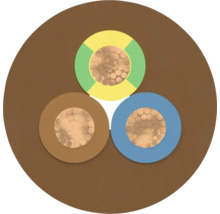 Querschnitt eines dreiadrigen Elektrokabels mit Kupferleitern