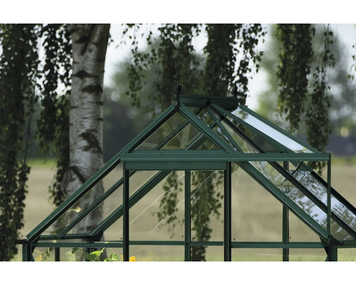 Detailansicht eines Gewächshausdachs aus Glas und Metall