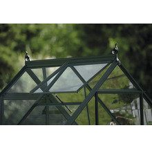 Detailansicht eines Gewächshauses mit geöffnetem Fenster zur Belüftung