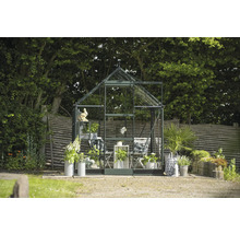 Gewächshaus im Garten mit Pflanzen und Dekoration