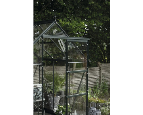 Gewächshaus mit geöffneter Tür in einem Garten mit Pflanzen