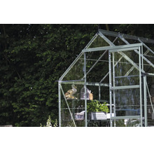 Gewächshaus mit Glaswänden und Inneneinrichtung für Pflanzenzucht