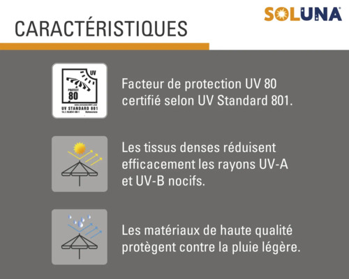 "Caractéristiques : Protection UV 80 certifiée selon la norme UV 801 