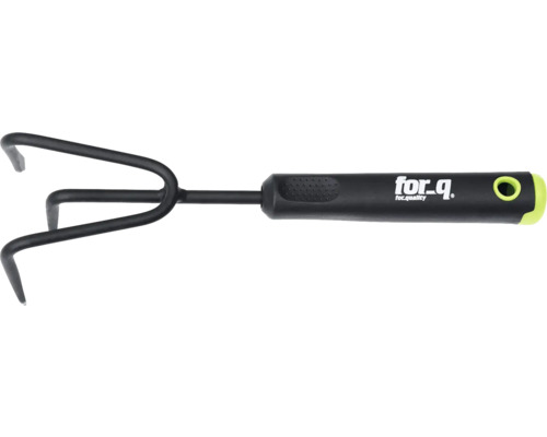 Gartenkralle mit drei Zinken und einem Kunststoffgriff mit For_q Logo