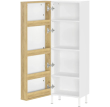 Weißer Hochschrank mit offener Holztür und Regalen