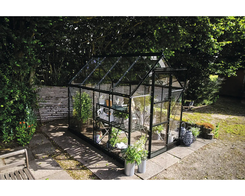 Gewächshaus mit Glaswänden und Pflanzen im Garten.