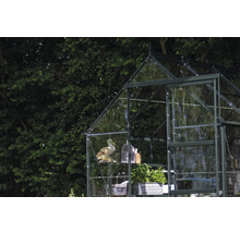 Gewächshaus mit Dekorationen wie einer Ente und Pflanzen