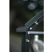 Detailansicht eines Gewächshauses mit Fokus auf die Rahmenkonstruktion und das Herstellerlogo