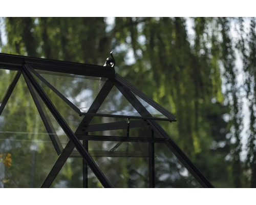 Detailansicht eines Gewächshauses mit Glas und Metallrahmen.