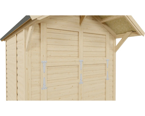 Detailansicht eines Holzgartenhauses mit Doppeltür und Satteldach