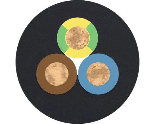 Coupe transversale d'un câble électrique à trois conducteurs