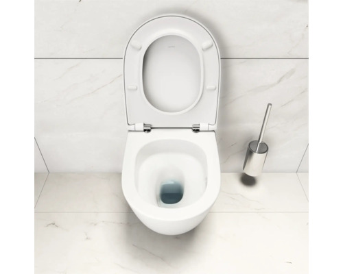 WC suspendu à fond creux avec bride ouverte et brosse de toilette