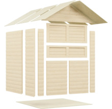 Einzelne Holzelemente für ein Gartenhaus