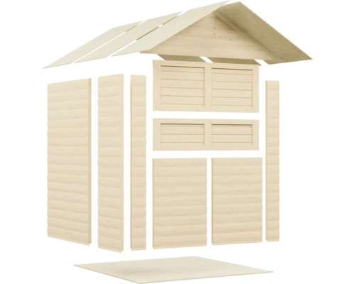 Einzelne Holzelemente für ein Gartenhaus