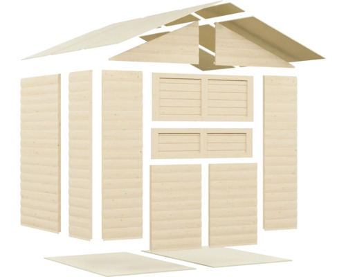 Einzelteile eines Gartenhauses aus Holz