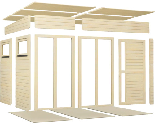 Holzgartenhaus Bausatz mit Wänden, Türen und Dachelementen