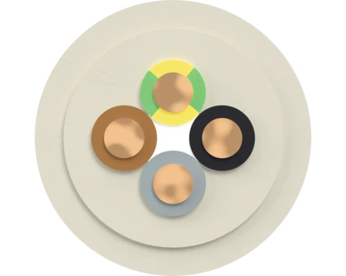 Coupe transversale d'un câble électrique à quatre conducteurs avec différentes couleurs de conducteurs