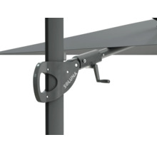 Vue détaillée d'un parasol avec mécanisme à manivelle et logo Soluna.