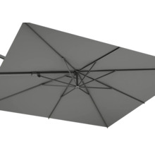 Gros plan d'un parasol gris vu de dessous, montrant la construction