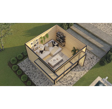 Ansicht eines Gartenhauses mit Lounge-Bereich, Regalen, Terrasse und gepflastertem Aussenbereich.