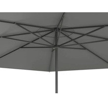 Unteransicht eines grauen Sonnenschirms mit Metallgestell