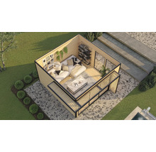 Ansicht eines modernen Gartenhauses mit Lounge Bereich, Regalen und Terrasse.