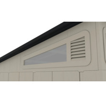 Vue détaillée d'une cabane de jardin avec fenêtre et grille d'aération
