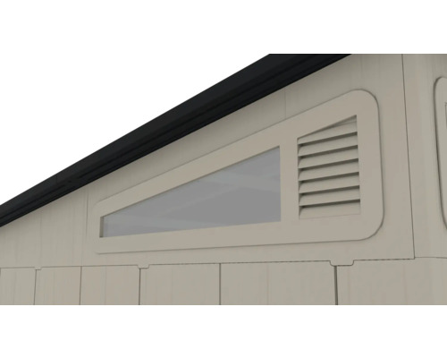 Vue détaillée d'une cabane de jardin avec fenêtre et grille d'aération