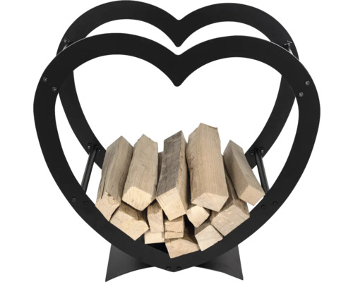 Support à bois de chauffage en métal en forme de cœur avec bois de chauffage