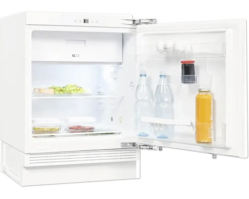 Réfrigérateur blanc avec porte ouverte et aliments