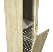 Vue détaillée d'une armoire de salle de bains avec panier à linge