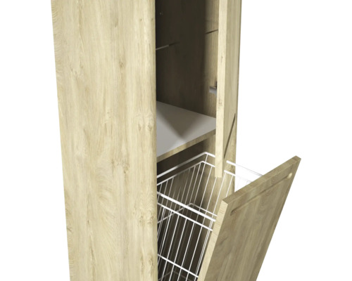 Vue détaillée d'une armoire de salle de bains avec panier à linge