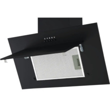 Hotte d'aspiration noire avec couvercle ouvert et filtre métallique