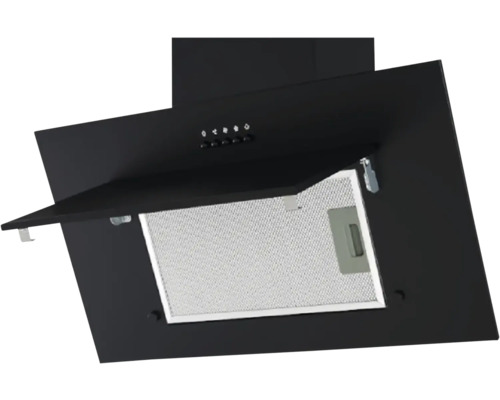 Hotte d'aspiration noire avec couvercle ouvert et filtre métallique